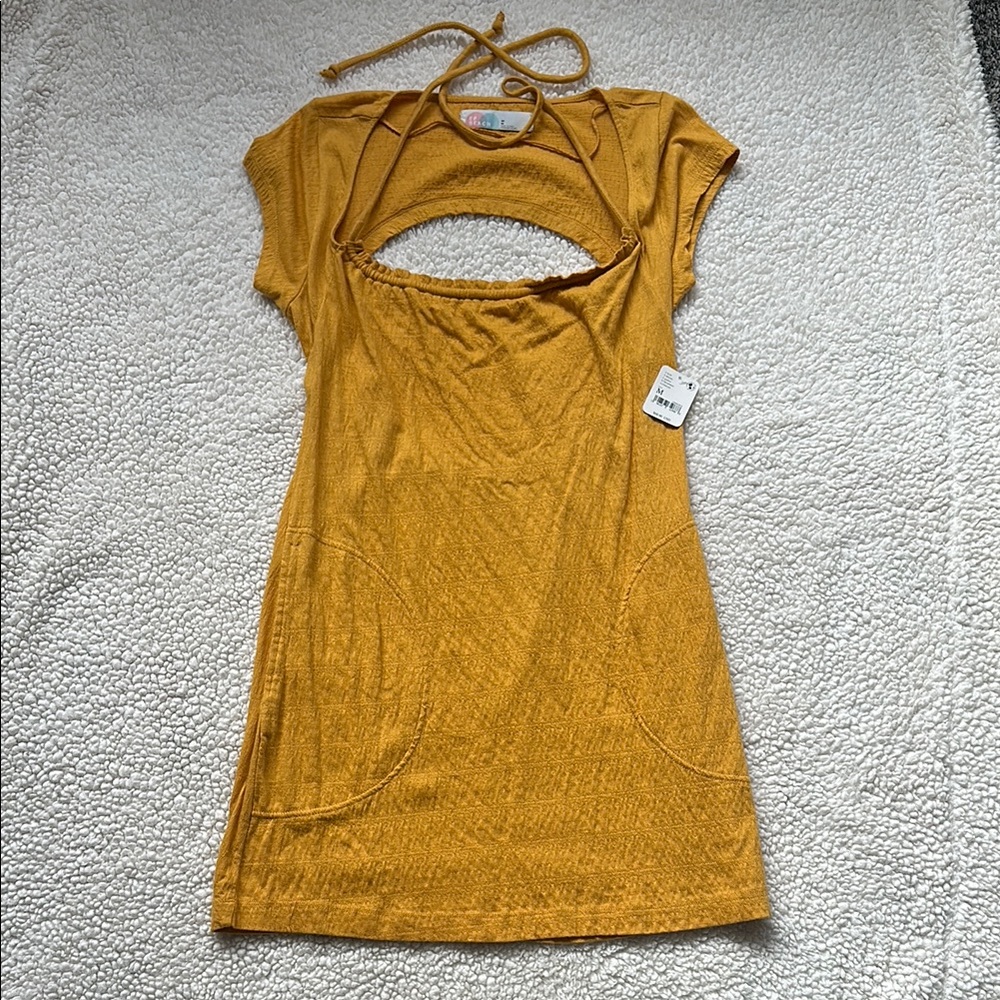 Free People Vivi Sundress Dress Open Back Cap Sleeve Gold Dress Size  M NWT